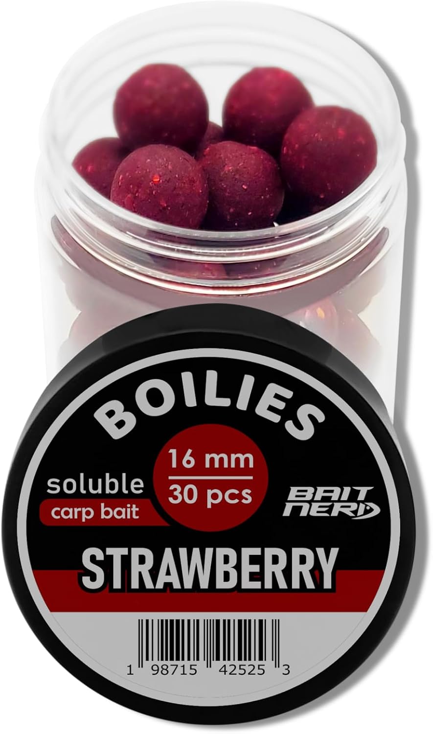 Bait Nerd Carp Boilies 30pcs, 16mm, Strawberry Natural Premium Soluble Boilies | Carp Fishing Bait | for Hair Rig, Chod Rig, Flat Feeder | Carp, Buffalo, Catfish