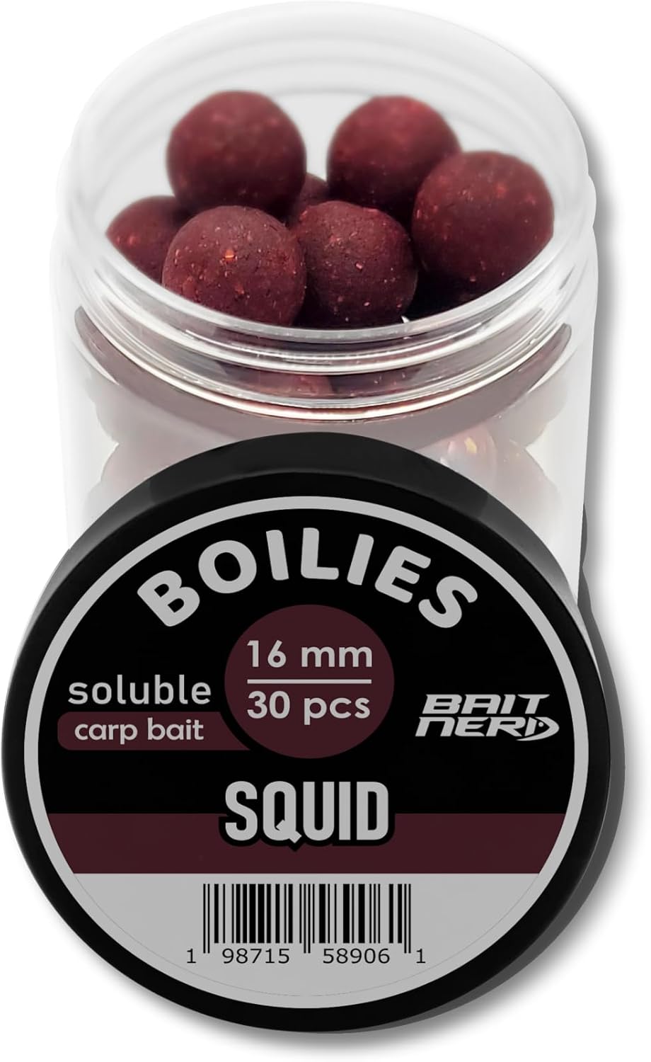 Bait Nerd Carp Boilies 30pcs, 16mm, Squid Natural Premium Soluble Boilies | Carp Fishing Bait | for Hair Rig, Chod Rig, Flat Feeder | Carp, Buffalo, Catfish