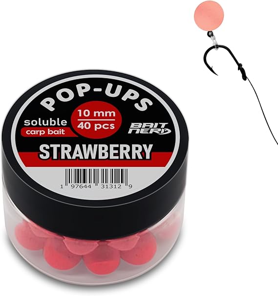 BAIT NERD Pop Ups 40pcs, 10mm, Strawberry Natural Premium Floating Pop-Up Boilies | Carp Fishing Bait | for Hair Rig, Chod Rig, Flat Feeder | Carp, Buffalo, Catfish